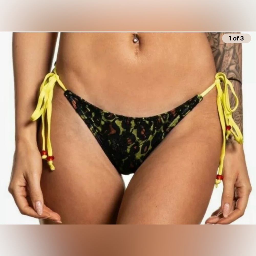 NWT Sinful By Affliction Solar Bikini Bottom Lace‎ over Leopard Yellow & Orange - Picture 2 of 8